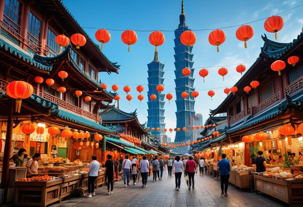 A vibrant street scene in Taiwan showcasing traditional markets, bustling with unique food stalls, colorful lanterns, and diverse locals engaging with tourists. Incorporate elements of modern technology like vlogging equipment and smartphones being used by content creators. Include a picturesque view of Taipei 101 in the background under blue skies. super-realistic. vibrant colors. 3D.