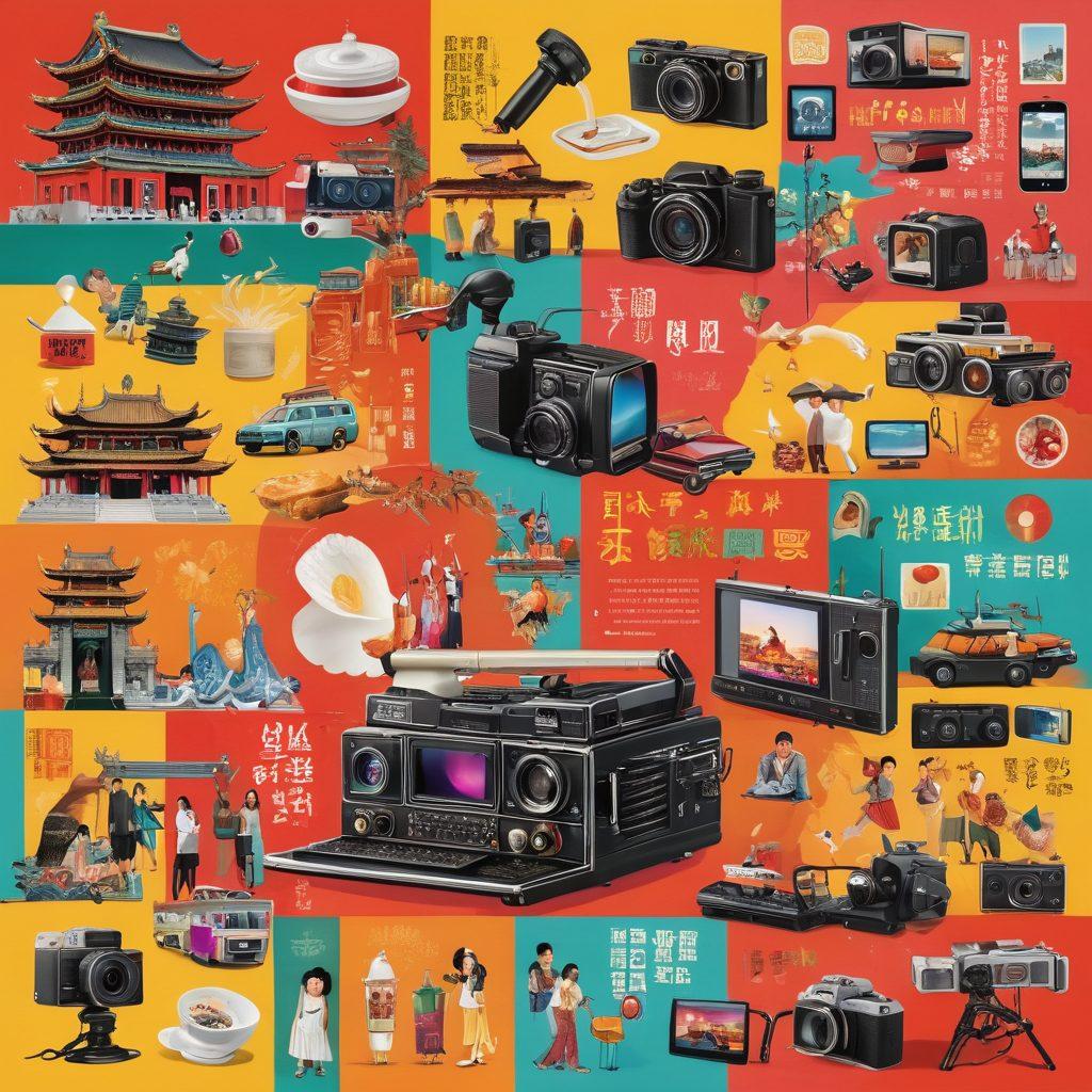 A vibrant collage showcasing iconic Taiwanese television shows, including dramatic scenes, vlogging gear like cameras and microphones, and symbols of Taiwanese culture like temples and street food. Incorporate elements of streaming with modern technology like smartphones and laptops, surrounded by colorful graphics representing the energy and diversity of Taiwanese media. The overall feel should be lively and inviting. vibrant colors. vector art.