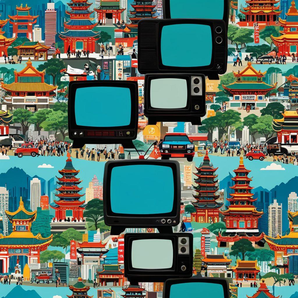 A dynamic collage showcasing the evolution of Taiwanese media, featuring streaming platforms' logos, a vintage TV set morphing into modern digital devices, and vibrant scenes of people watching content on various screens. Include cultural elements like Taiwanese landmarks and a timeline that visually represents the transition from traditional to digital. Make it colorful and engaging. super-realistic. vibrant colors. digital art.